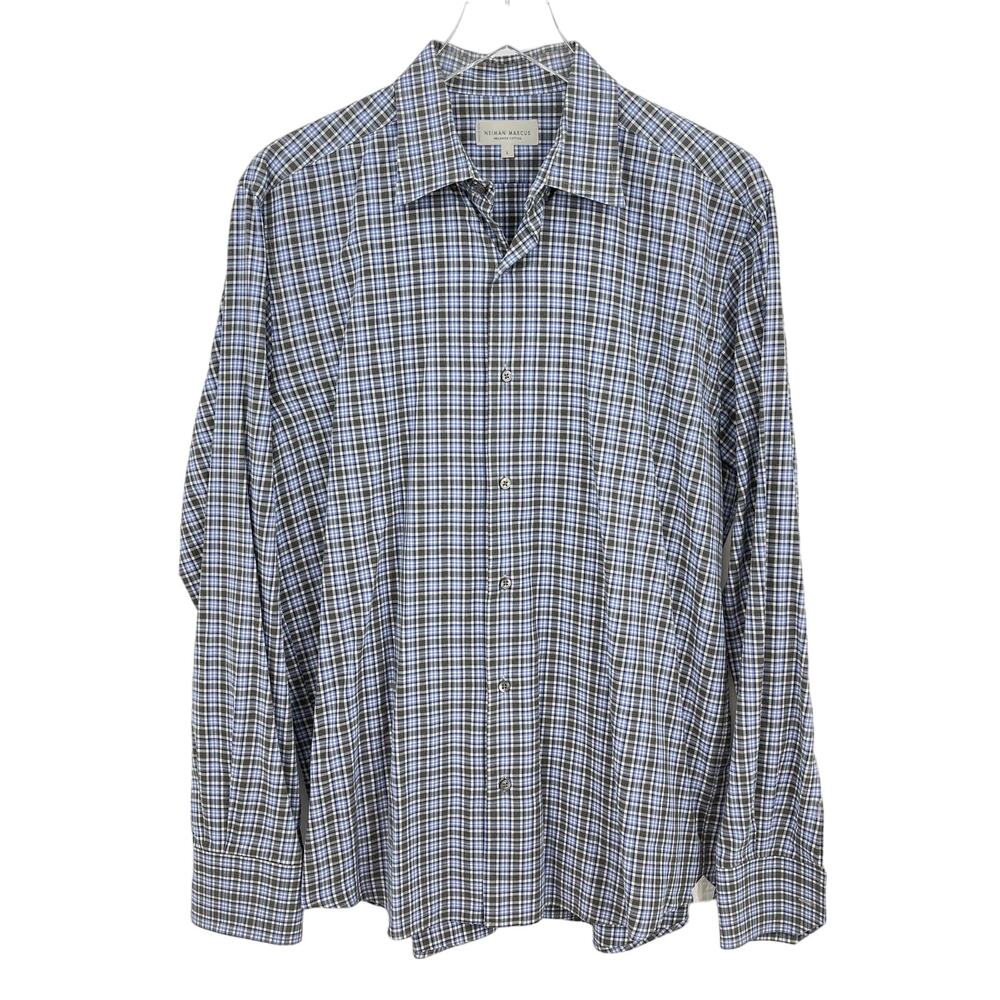Neiman Marcus Large Melange Cotton Blue Gray Plaid Long Sleeve Button Down Shirt